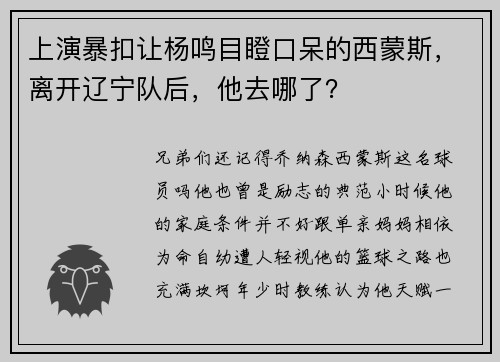 上演暴扣让杨鸣目瞪口呆的西蒙斯，离开辽宁队后，他去哪了？