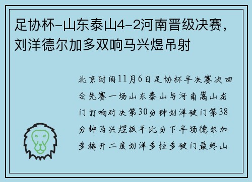 足协杯-山东泰山4-2河南晋级决赛，刘洋德尔加多双响马兴煜吊射